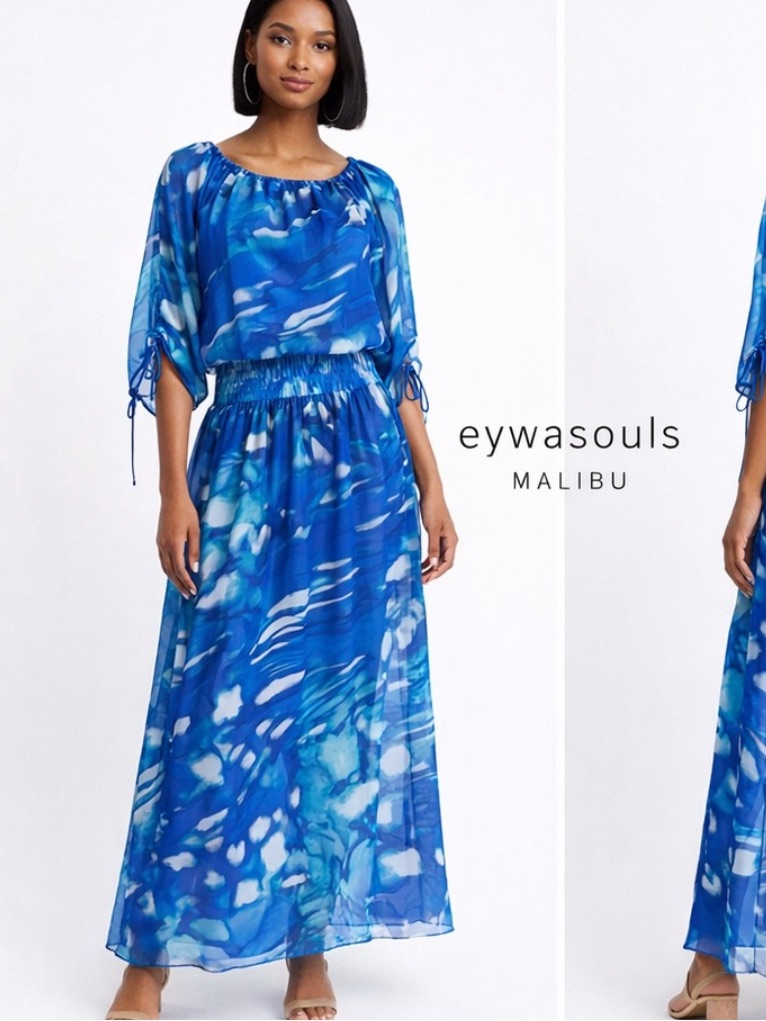 Eywasouls Malibu Evelyn Aqua Blue Boho Chiffon Smocked Maxi Dress Flowy Size M/L